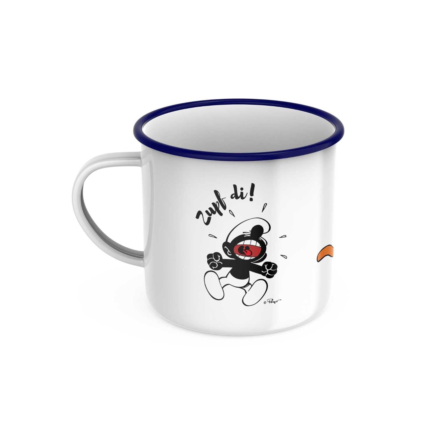 Emaille-Tasse mit blauem Rand und Schlumpf-Motiv, Schriftzug „Zupf di!“, rund, ca. 330 ml Fassungsvermögen.