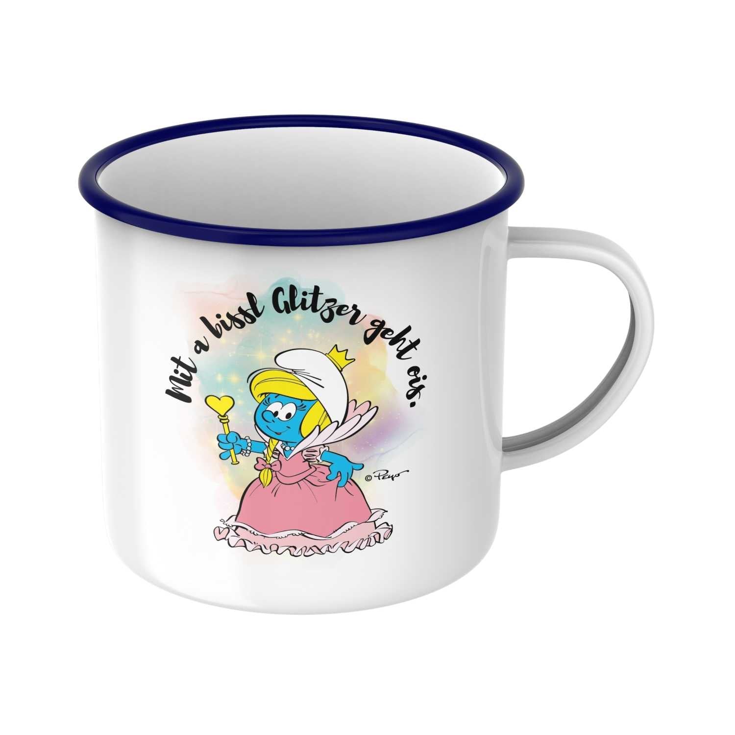 Offizielle „Die Schlümpfe“ Emailletasse mit Glitzer-Motiv und blauem Rand, aus Metall, ca. 330 ml Fassungsvermögen.