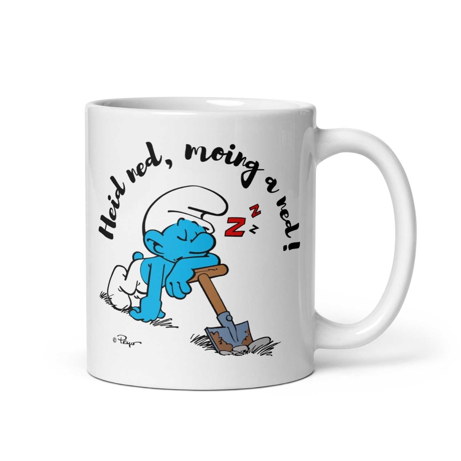 Weiße Porzellantasse mit Schlumpf-Motiv und blauem Schriftzug „Heid ned, moing a ned“, Füllmenge ca. 330 ml