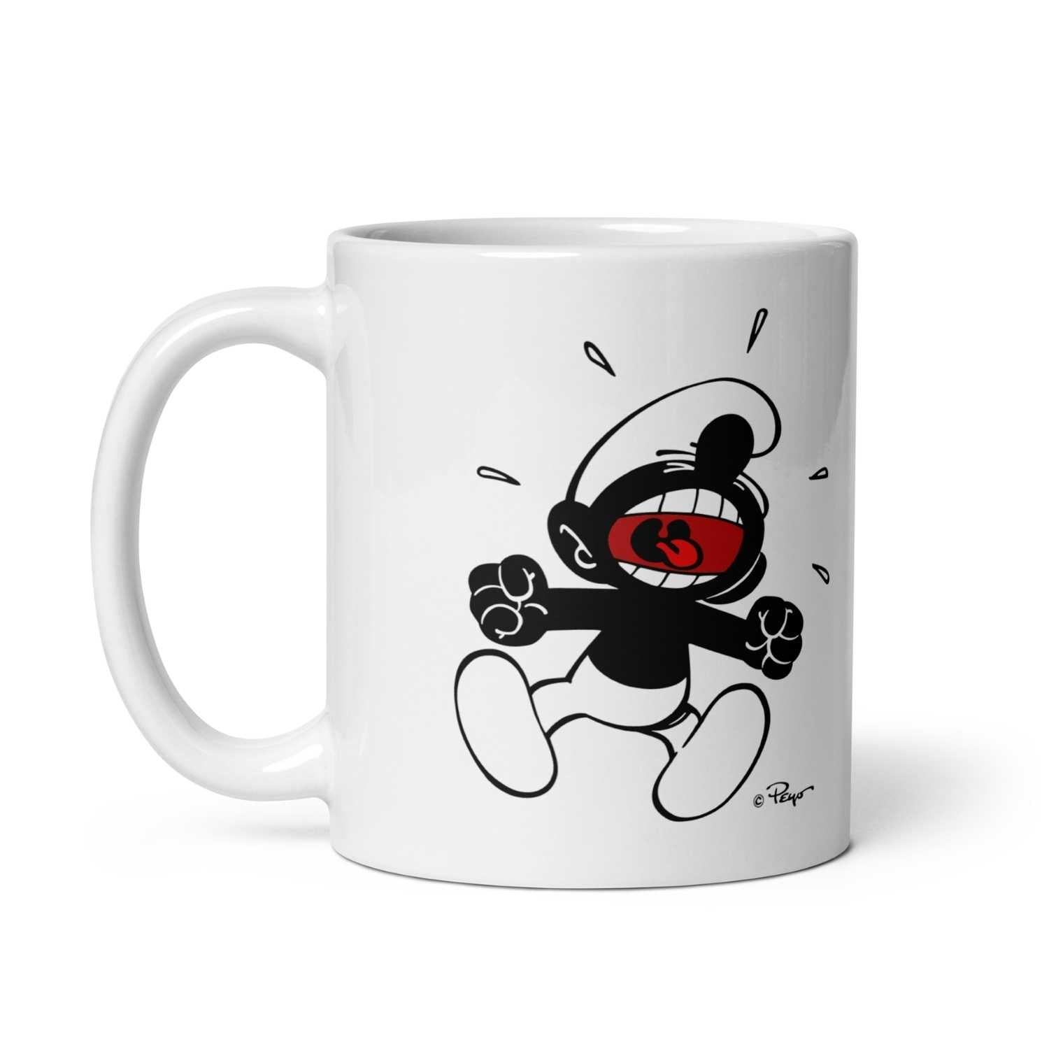 Weiße Porzellan-Tasse mit farbigem Schlümpfe-Motiv und „Himme Herrgott!“-Schriftzug gegenüber dem Henkel, 330 ml.