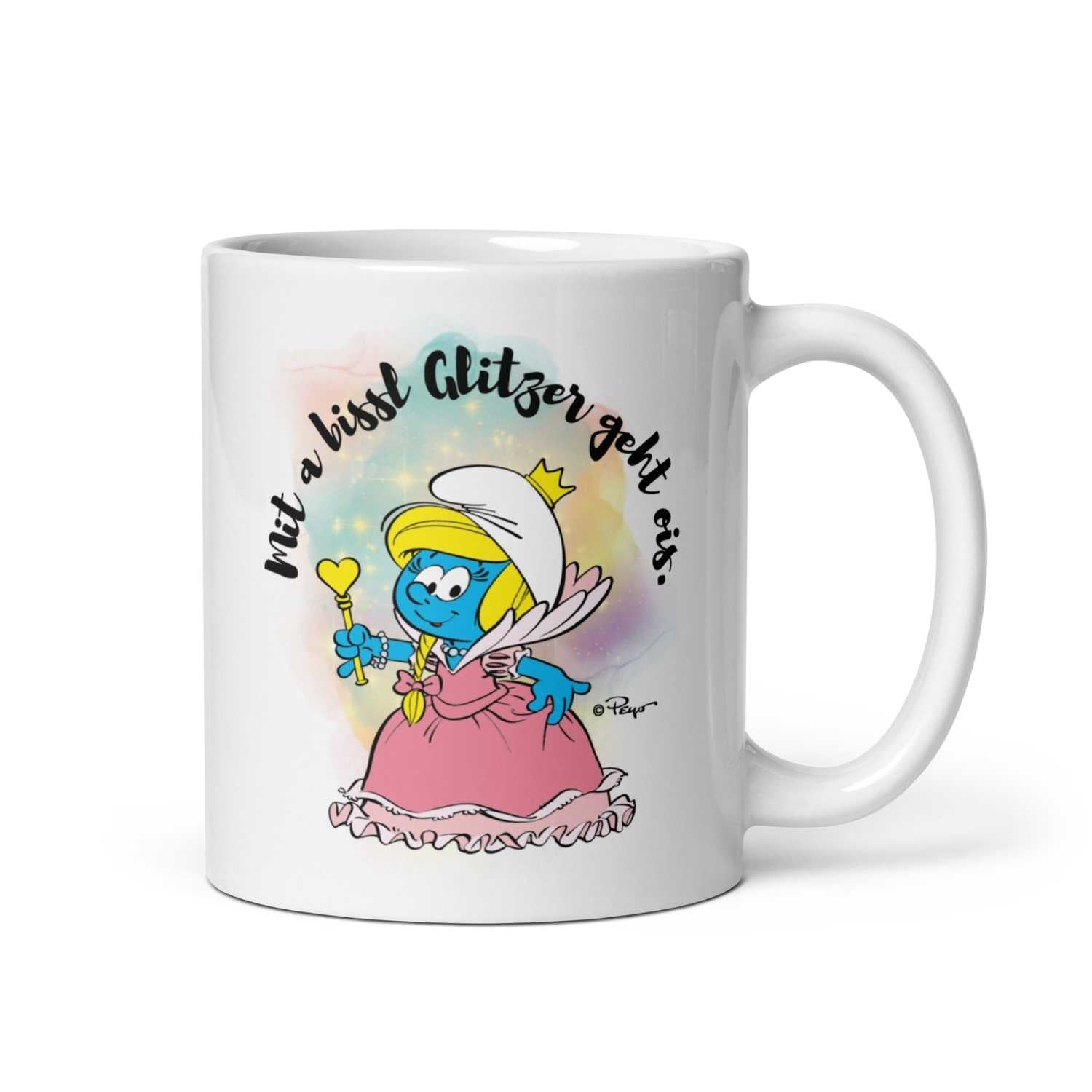 Porzellan-Tasse mit "Die Schlümpfe" Glitzer-Motiv gegenüber dem Henkel, offizielles Lizenzprodukt, 330 ml.