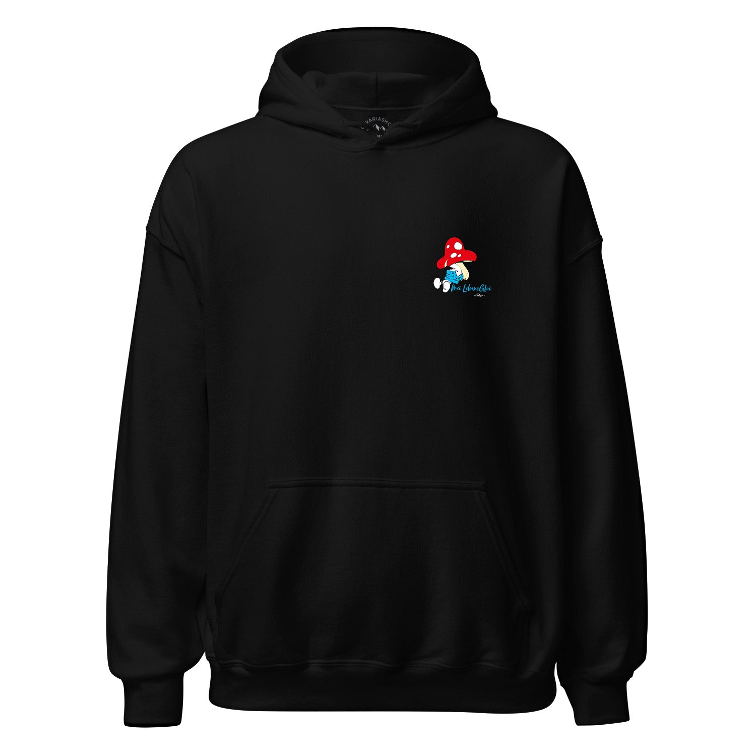 Damen-Hoodie mit Frontprint „Do legst di nieda“ und Schlumpf-Motiv, mit Kapuze, aus Bio-Baumwolle und Recycling-Polyester.