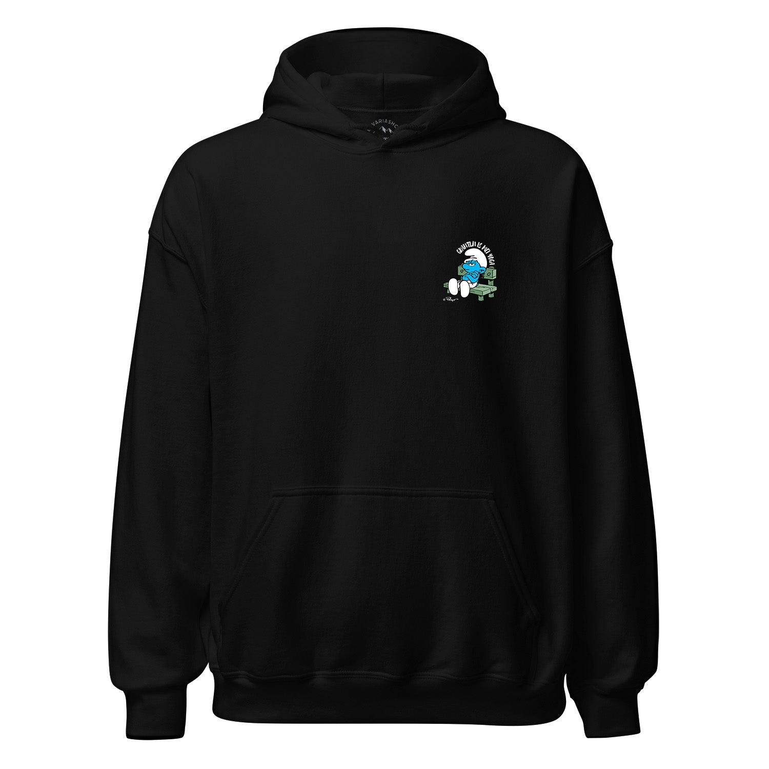 Damen Hoodie mit Frontprint „Grantln is mei Yoga“ und Schlumpf-Motiv, aus Bio-Baumwolle und recyceltem Polyester.