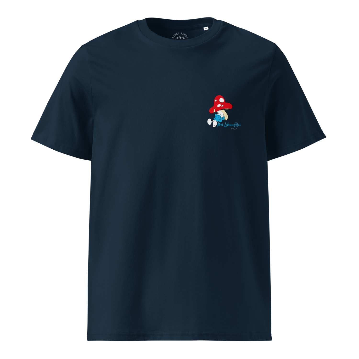 Herren T-Shirt mit Schlümpfe-Frontprint und Schriftzug „Do legst di nieda“, aus 100 % Bio-Baumwolle, navy.