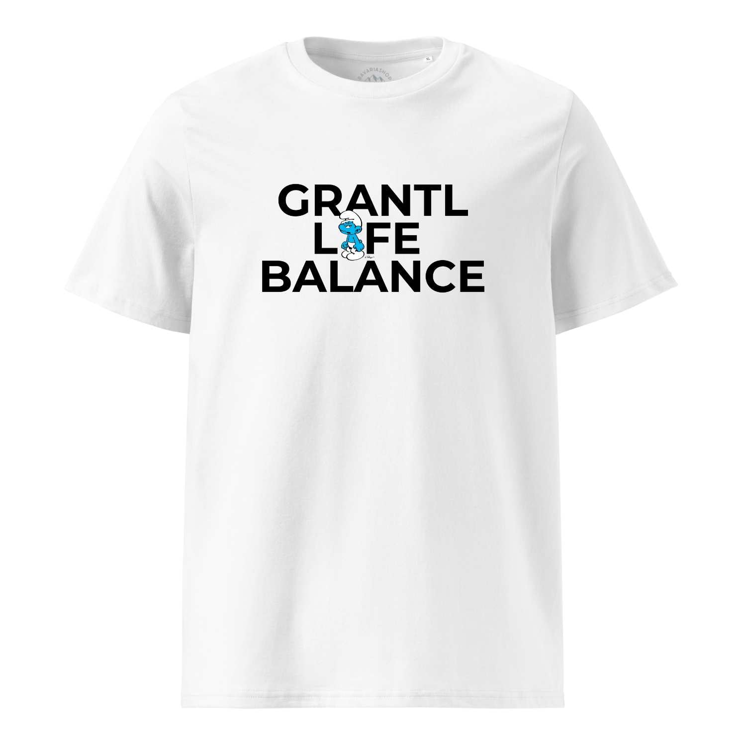 Herren T-Shirt mit Schlümpfe-Motiv und "Grantl Life Balance"-Schriftzug als Frontprint, 100 % Bio-Baumwolle.