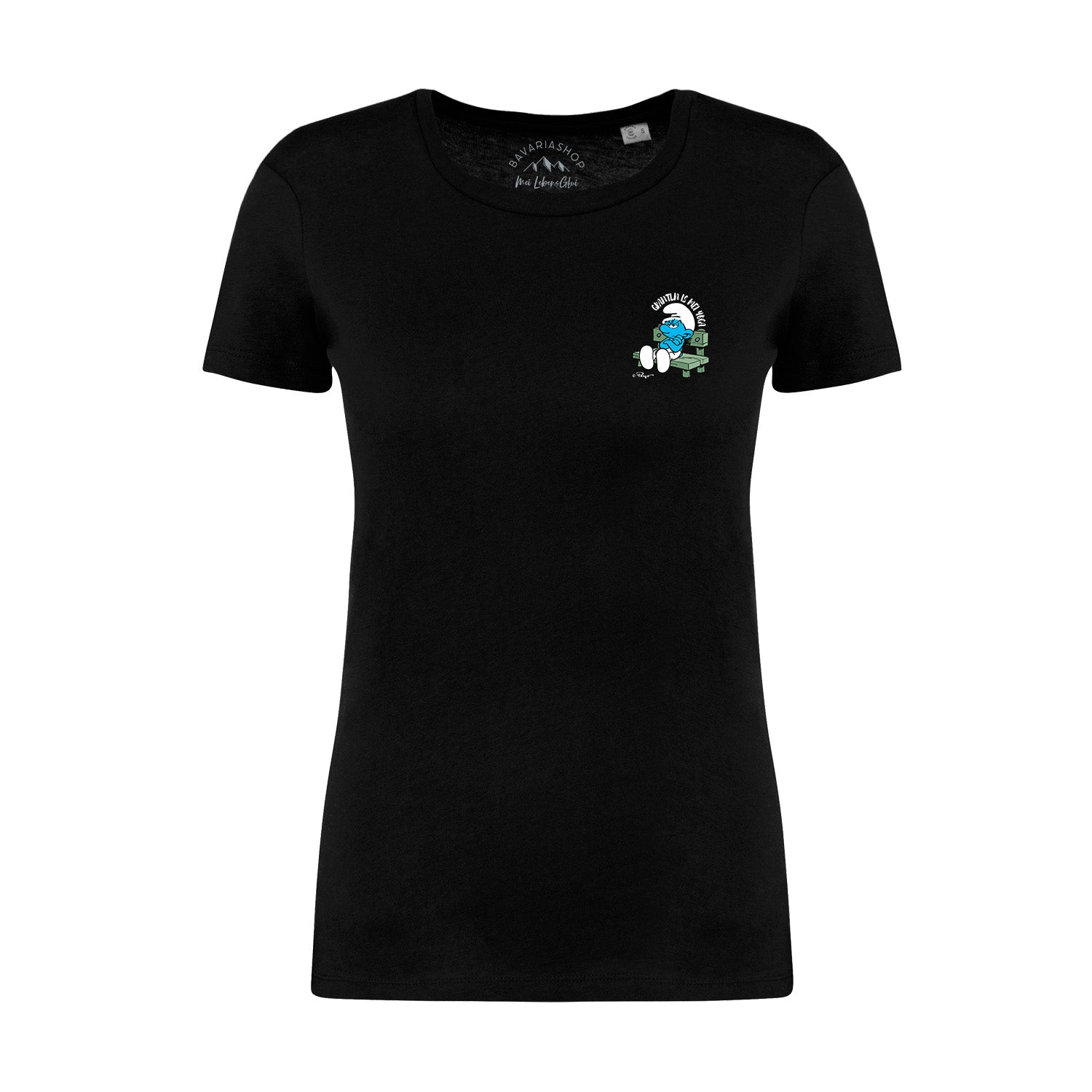 Damen T-Shirt mit Frontprint „Grantln is mei Yoga“ und Schlümpfe-Motiv, 100% Bio-Baumwolle, schwarze Farbe.