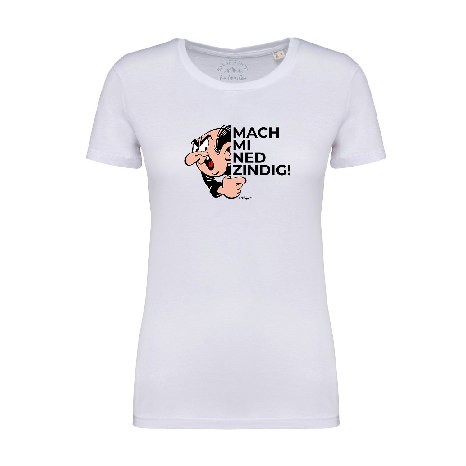 Damen T-Shirt mit Schlümpfe-Motiv und bayrischem Gargamel-Spruch, 100 % Bio-Baumwolle, Frontprint.