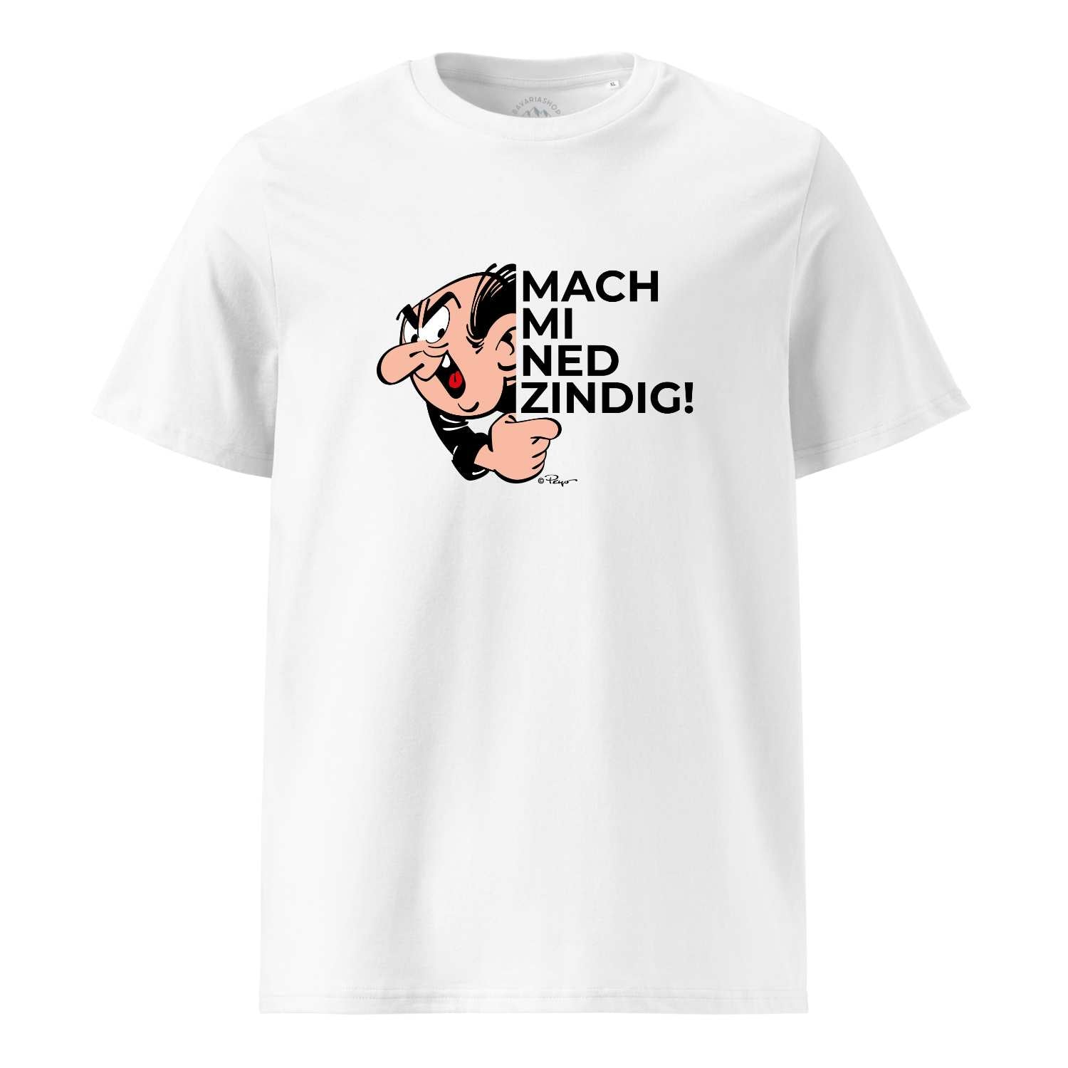 Herren-T-Shirt mit großem Frontprint „Mach mi ned zindig“ und Gargamel-Motiv, aus 100 % Bio-Baumwolle.