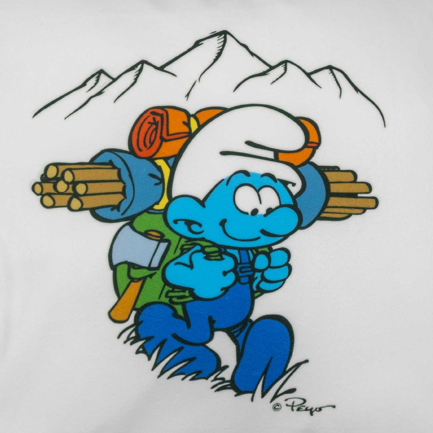 Quadratisches Kuschelkissen mit „Die Schlümpfe“-Motiv und dem Schriftzug „Bergnarrisch“ auf der Vorderseite.