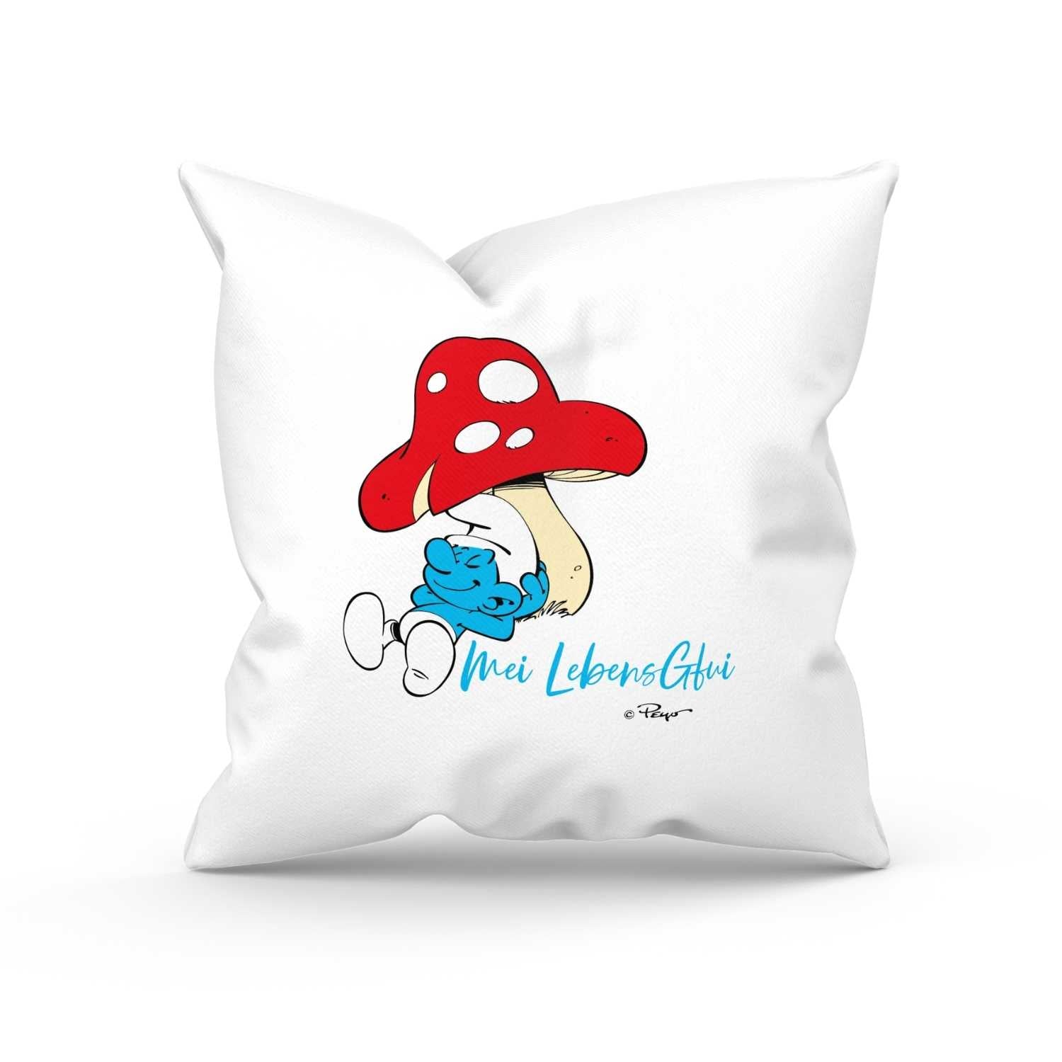 Quadratisches Kuschelkissen mit Aufdruck „Do legst di nieda!“ und Schlumpf-Motiv, weicher Stoff, hochwertiger Druck.