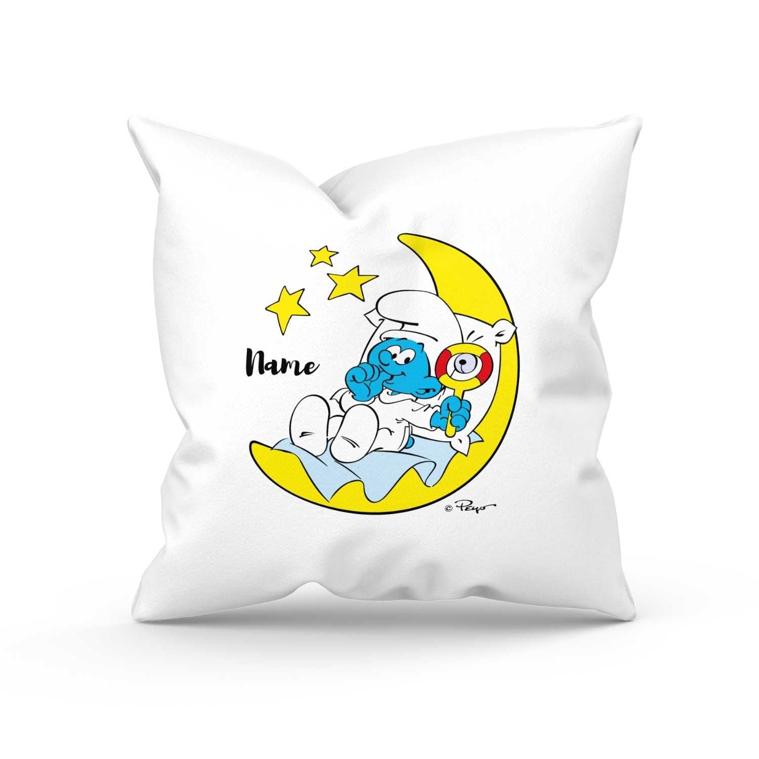 Quadratisches Kuschelkissen mit „Die Schlümpfe”-Motiv, personalisierbarem Namensdruck und weicher Oberfläche.