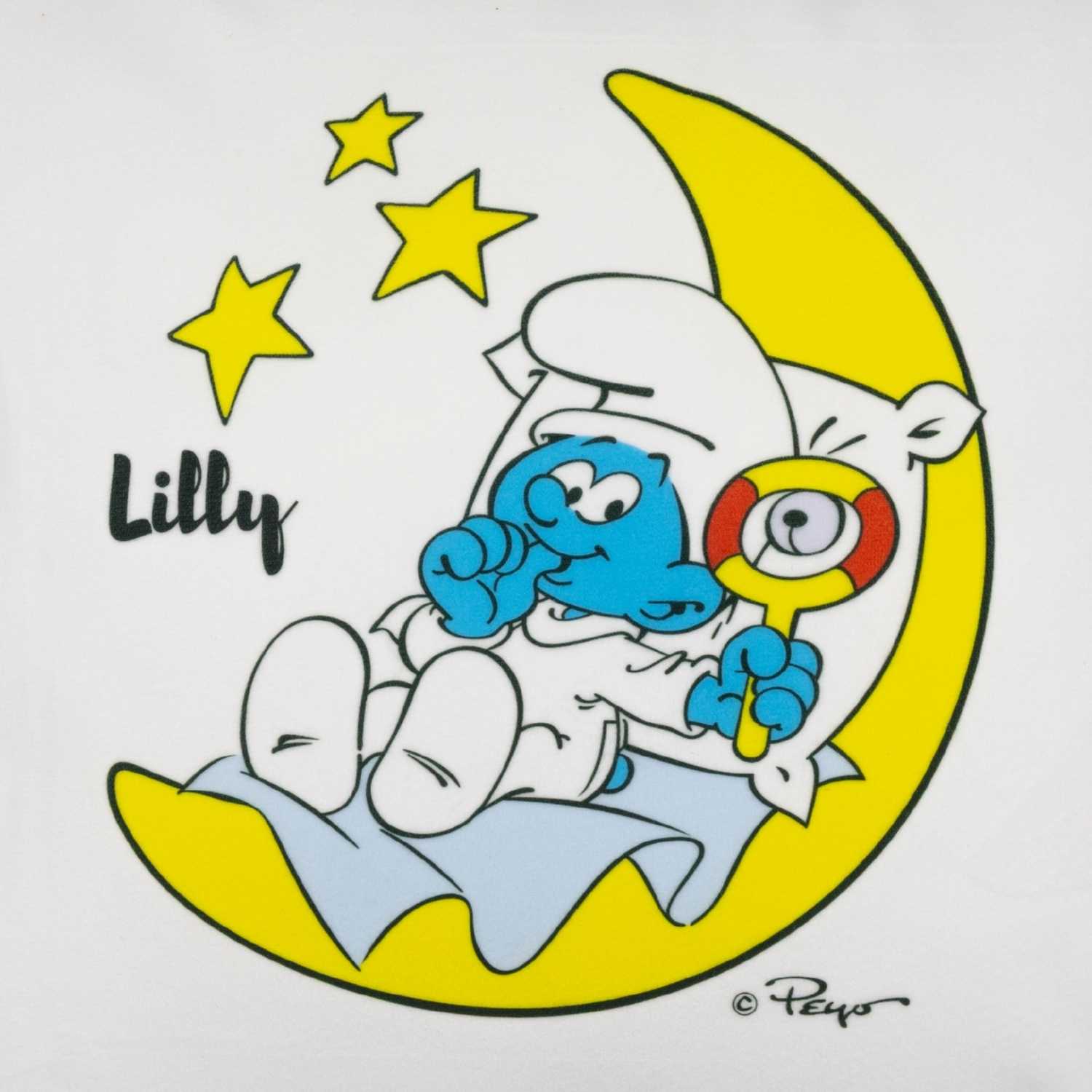Quadratisches Kuschelkissen mit Schlumpf-Motiv, sichtbarem Schriftzug „Erstes Schlumpf Kissen“ und Namensaufdruck.