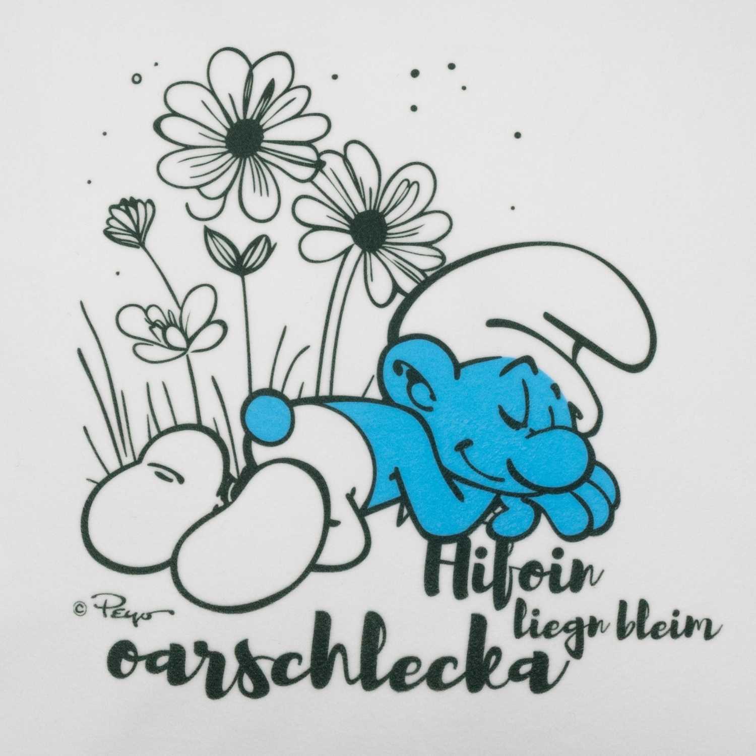 Quadratisches Dekokissen mit "Die Schlümpfe"-Motiv und bayerischem Spruch in weißer Schrift, weich gefüttert.
