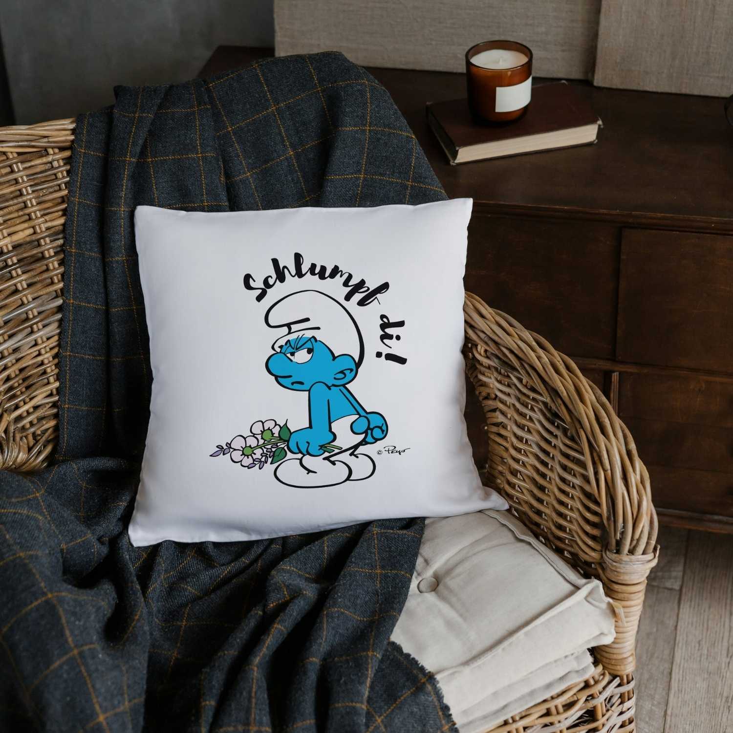 Dekokissen mit Schlumpf-Motiv und Schriftzug „Schlumpf di!“, quadratisch, weiche Oberfläche, hochwertiger Druck.