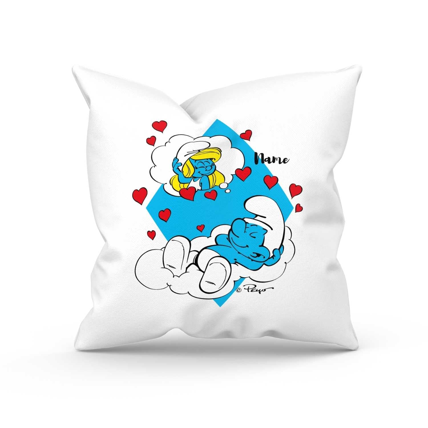 Quadratisches Kuschelkissen mit Schlumpf-Motiv und personalisierbarem Namensdruck sowie Spruch auf der Vorderseite.