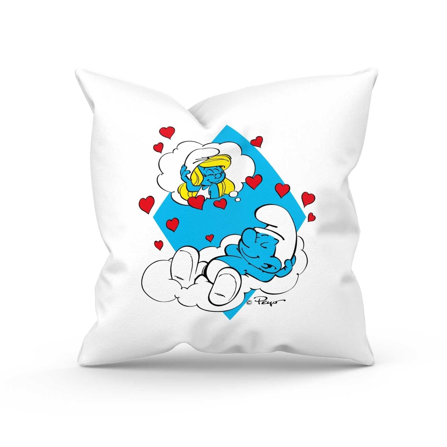 Quadratisches Kuschelkissen mit Schlumpf-Motiv und personalisiertem Namensdruck sowie Spruch auf der Vorderseite.