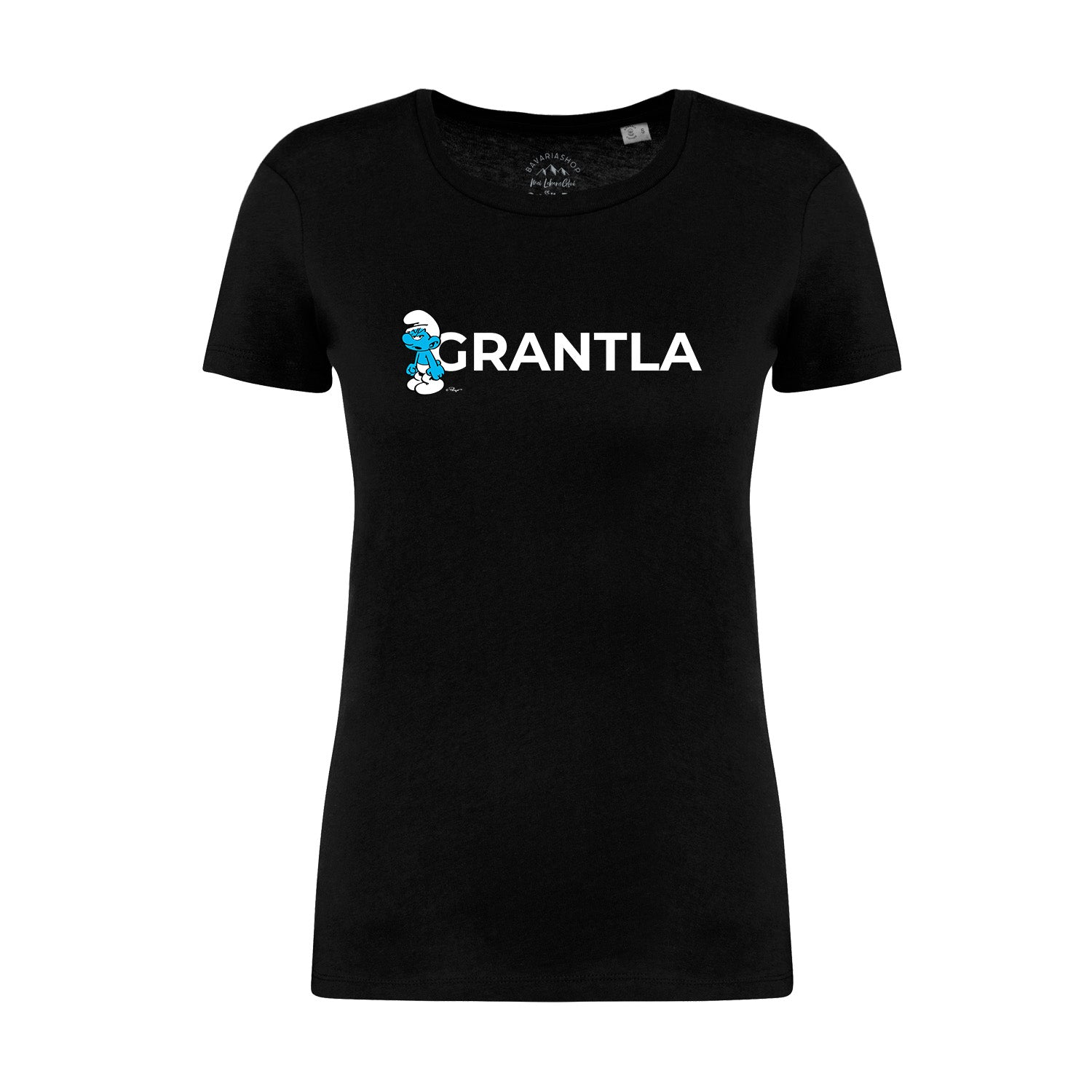 Damen-T-Shirt mit Schlümpfe-Frontprint, humorvollem „Grantla“-Schriftzug, aus 100 % Bio-Baumwolle.