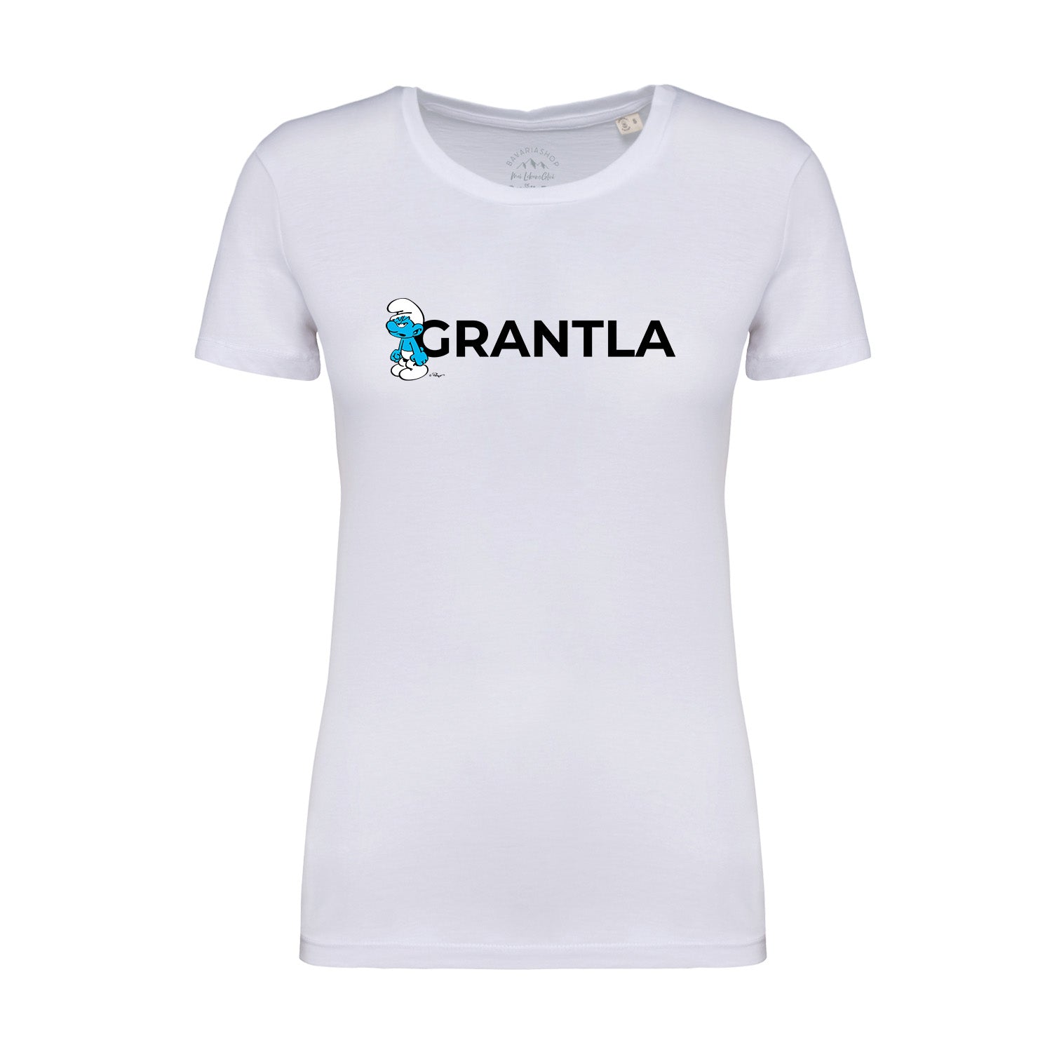 Weißes Damen-T-Shirt mit Frontprint „Grantla“ und original Schlümpfe-Motiv aus 100 % Bio-Baumwolle.