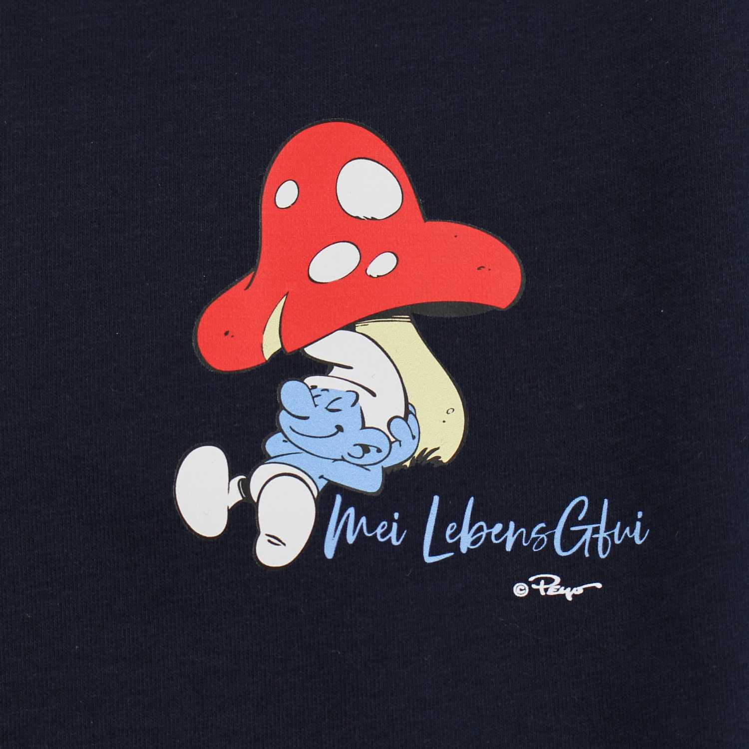 Herren-T-Shirt mit Frontprint „Do legst di nieda“ und Schlümpfe-Motiv aus 100 % Bio-Baumwolle in Navy.