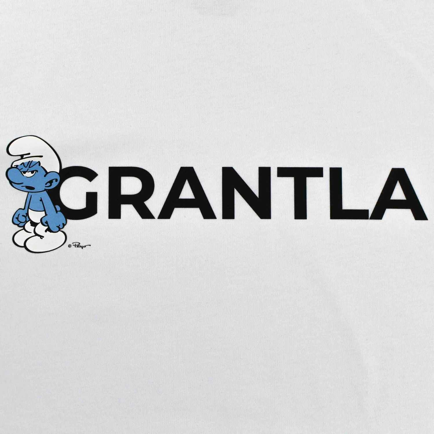 Damen T-Shirt mit Schlümpfe-Motiv und „Grantla“-Schriftzug, Frontprint auf Bio-Baumwolle in Weiß.