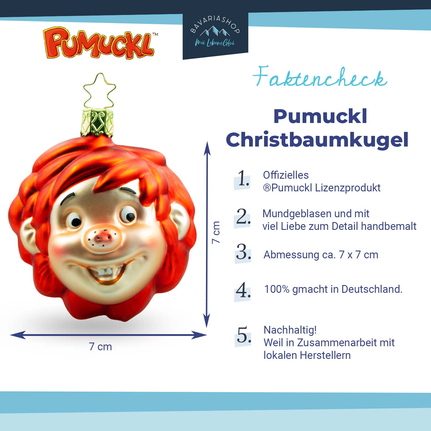 Mundgeblasene Christbaumkugel mit handbemaltem Pumuckl-Motiv, runde Form, aus Glas, ca. 7 x 7 cm.