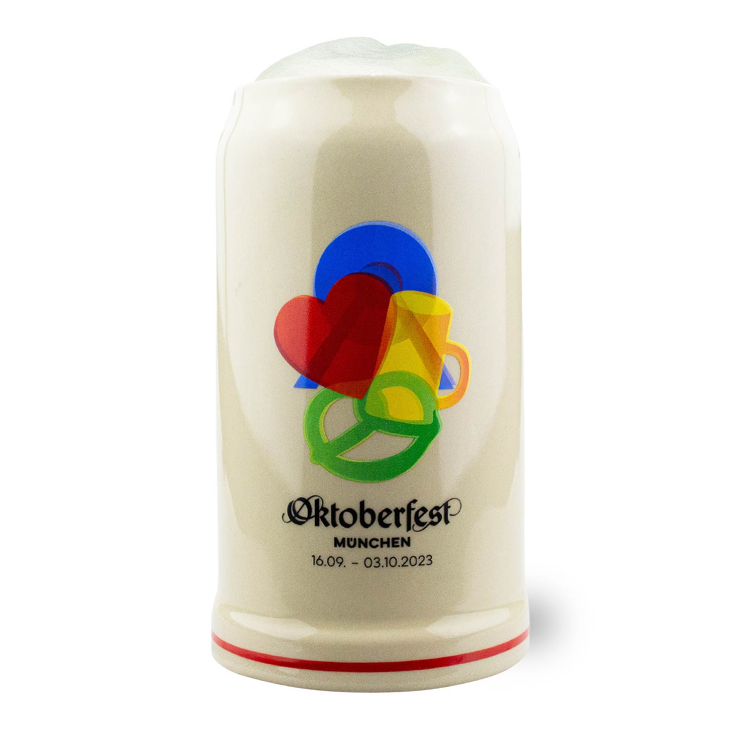 Steinkrug mit Henkel, Plakatmotiv 2023 auf der Vorderseite, bauchige Form, glatte Oberfläche, 1 Liter.