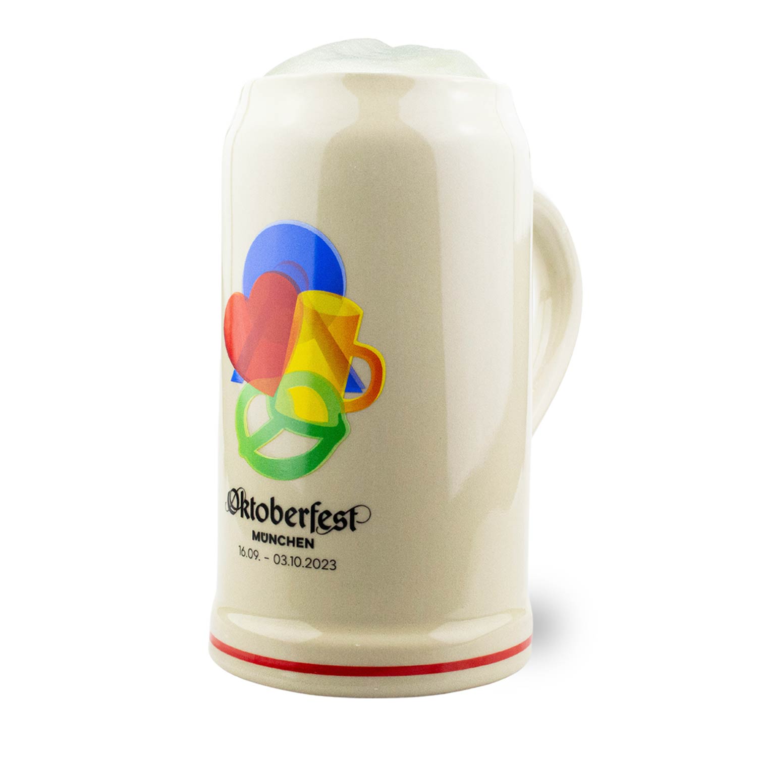 Steingutkrug mit farbigem Plakatmotiv 2023 auf der Vorderseite, zylindrische Form, 1 Liter Fassungsvermögen.