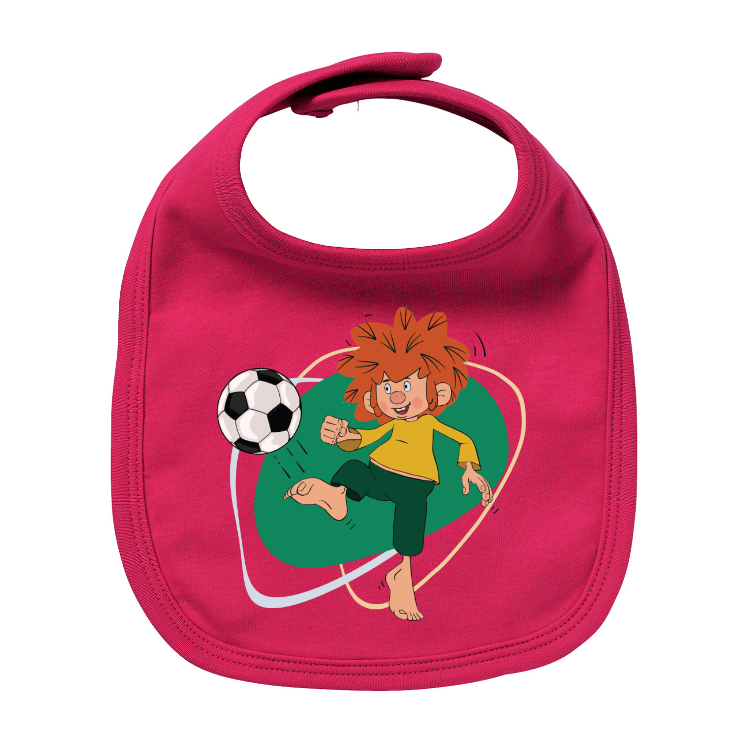 Fuchsiafarbenes Lätzchen mit Pumuckl Fußball-Aufdruck, der einen schwarz-weißen Ball tritt.