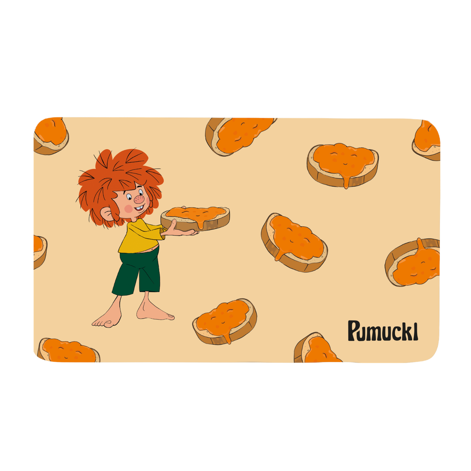 Pumuckl Motiv auf hellem Hintergrund mit Marmeladenbroten, ideal für Frühstücks-Set und Konfitüre-Produkte.