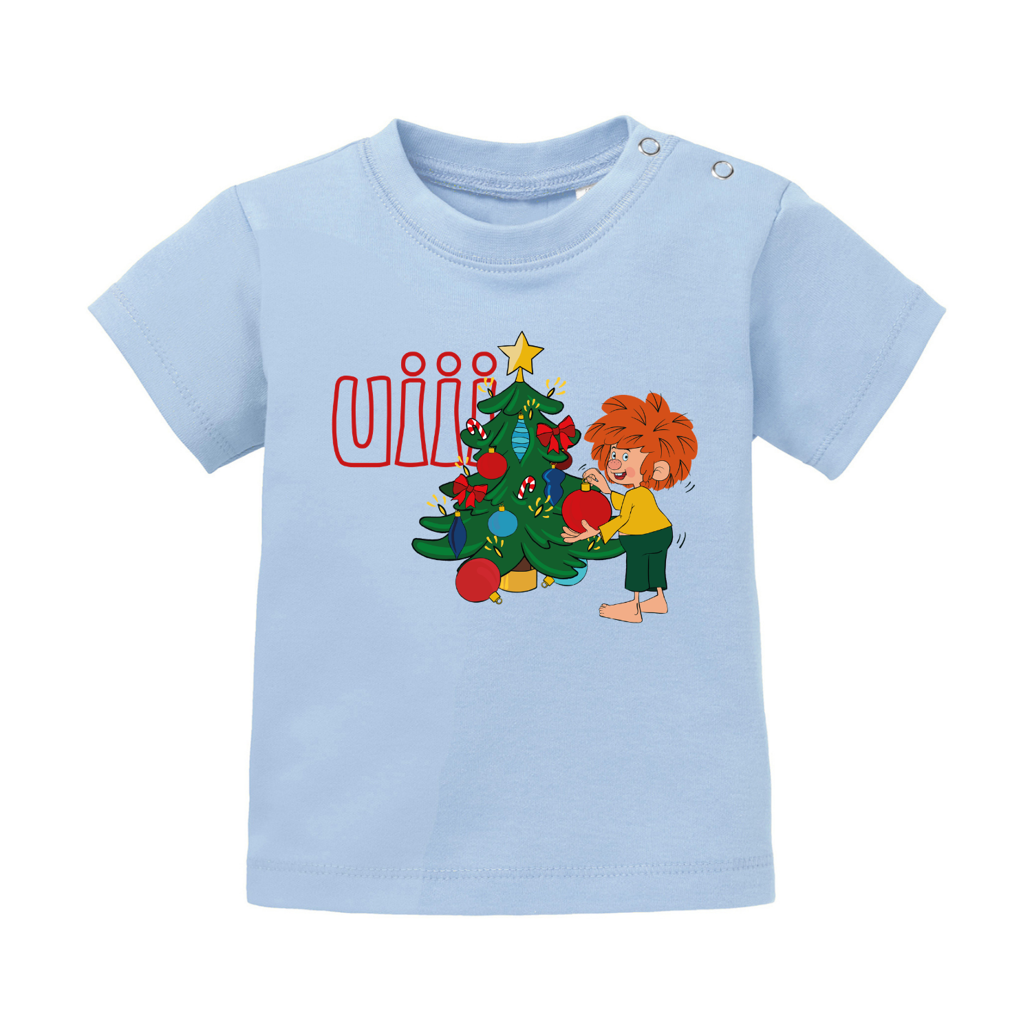 Helles blaues Baby T-Shirt mit Pumuckl beim Schmücken eines Weihnachtsbaums und dem Schriftzug Uii.