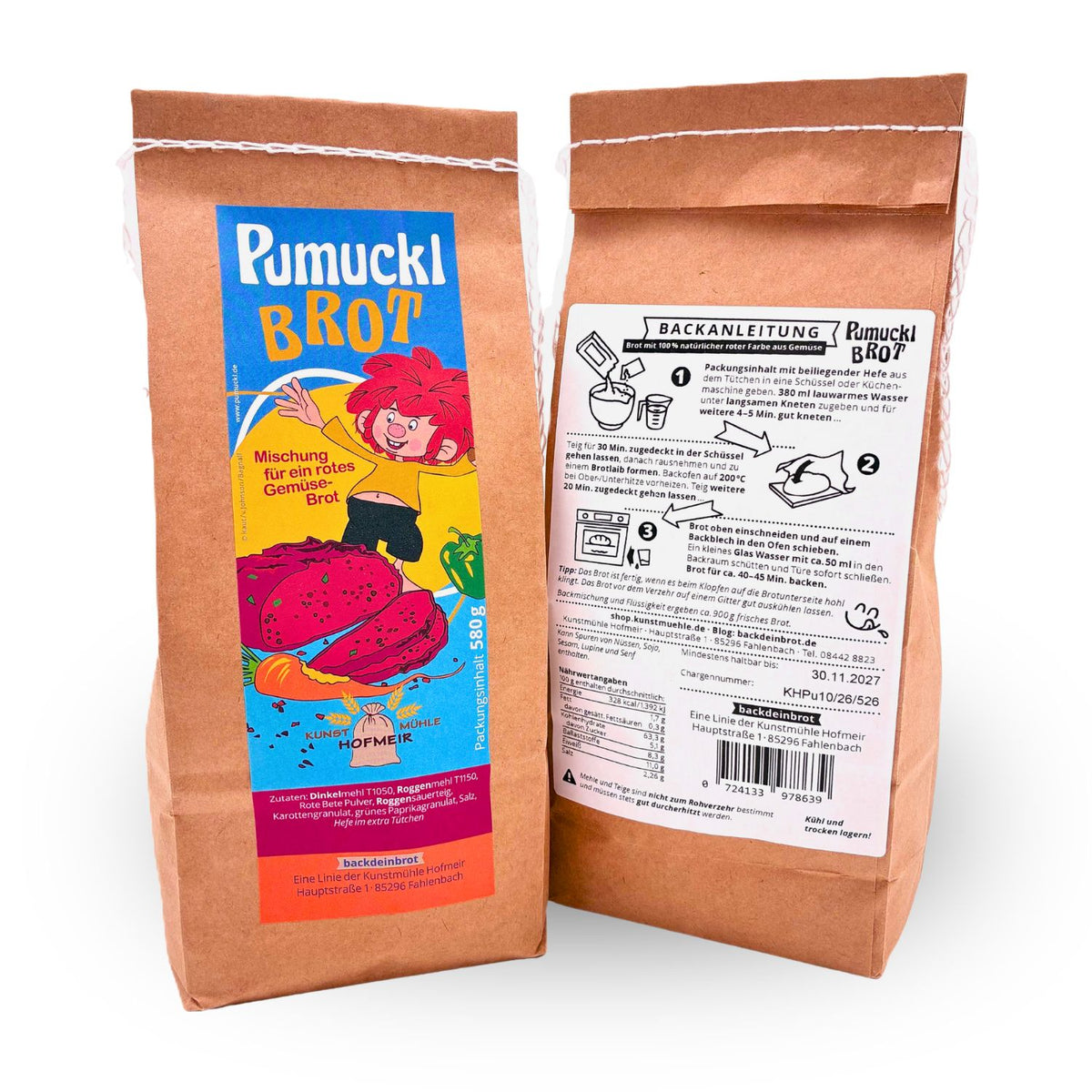 Pumuckl Brot Backmischung Vorder- und Rückseite mit Backanleitung, Zutaten und Nährwerten