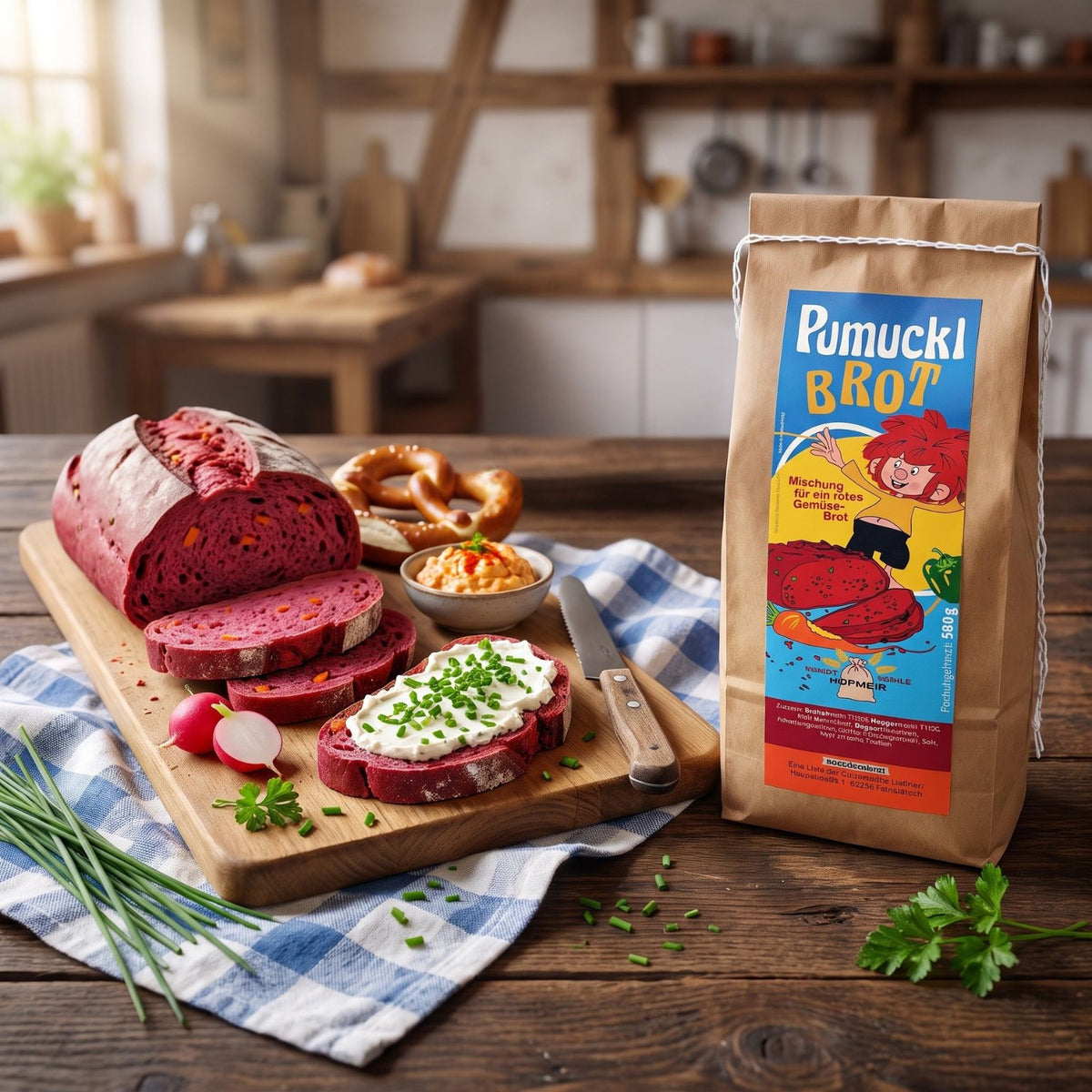 Serviervorschlag: rotes Gemüsebrot aus der Pumuckl Brot Backmischung, angeschnitten mit Frischkäse und Schnittlauch auf Holzbrett