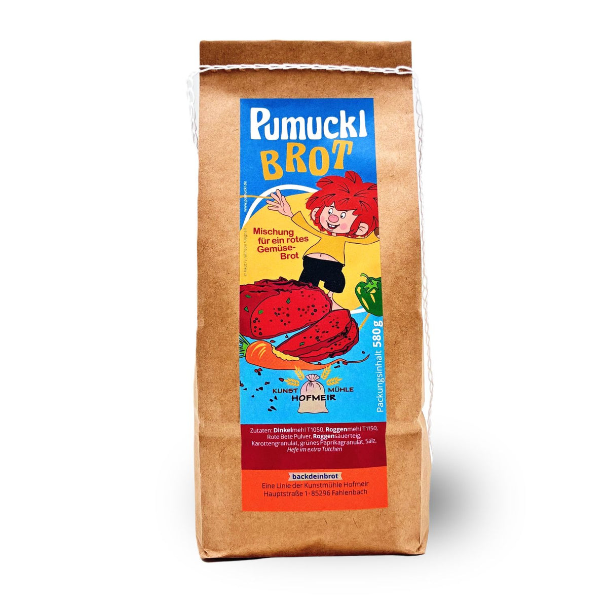 Pumuckl Brot – Brotbackmischung für rotes Gemüsebrot, 580 g im Kraftpapierbeutel mit Kordel und Pumuckl-Etikett