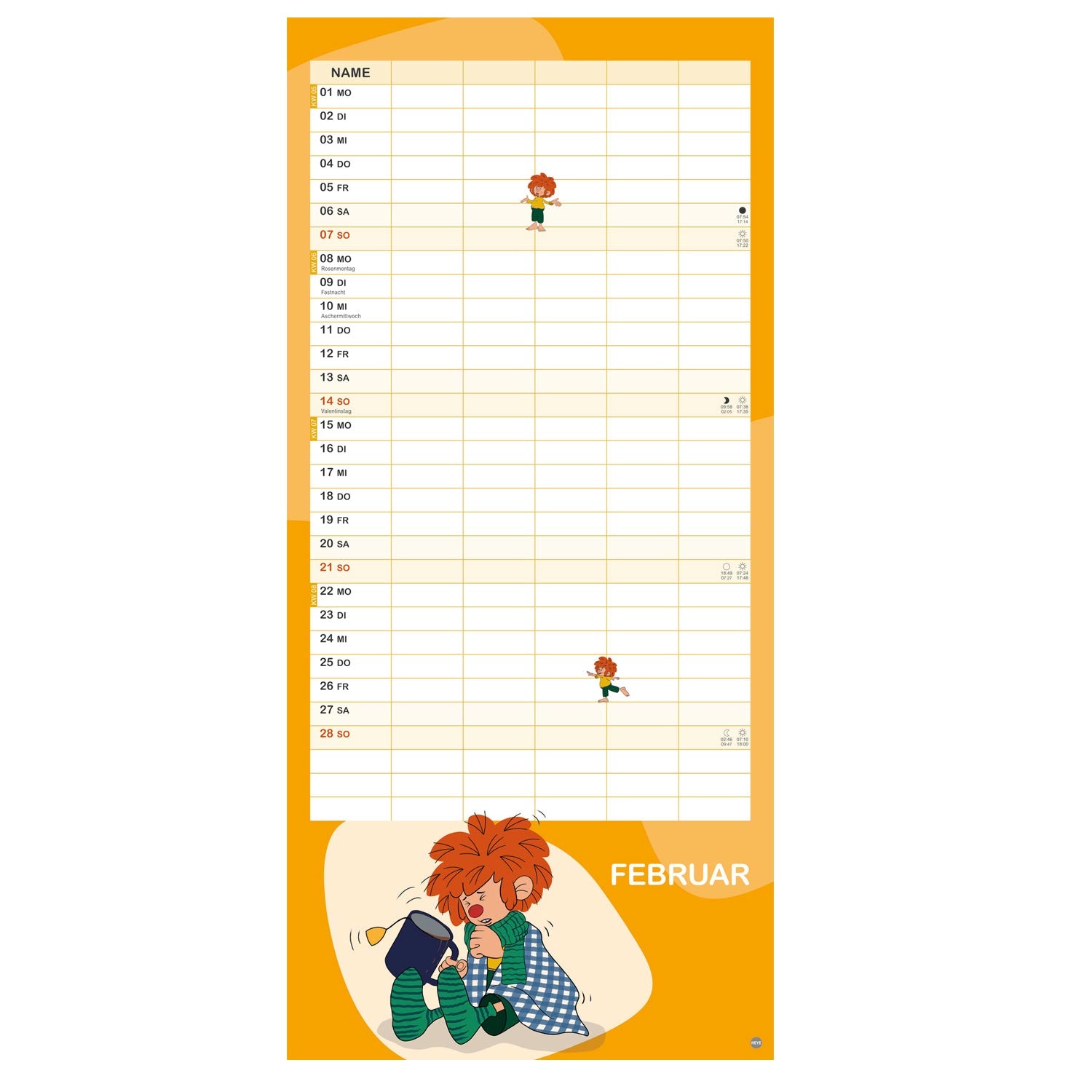 Pumuckl Familienkalender 2027 für Februar mit Monatsübersicht und kleiner Pumuckl-Illustration.