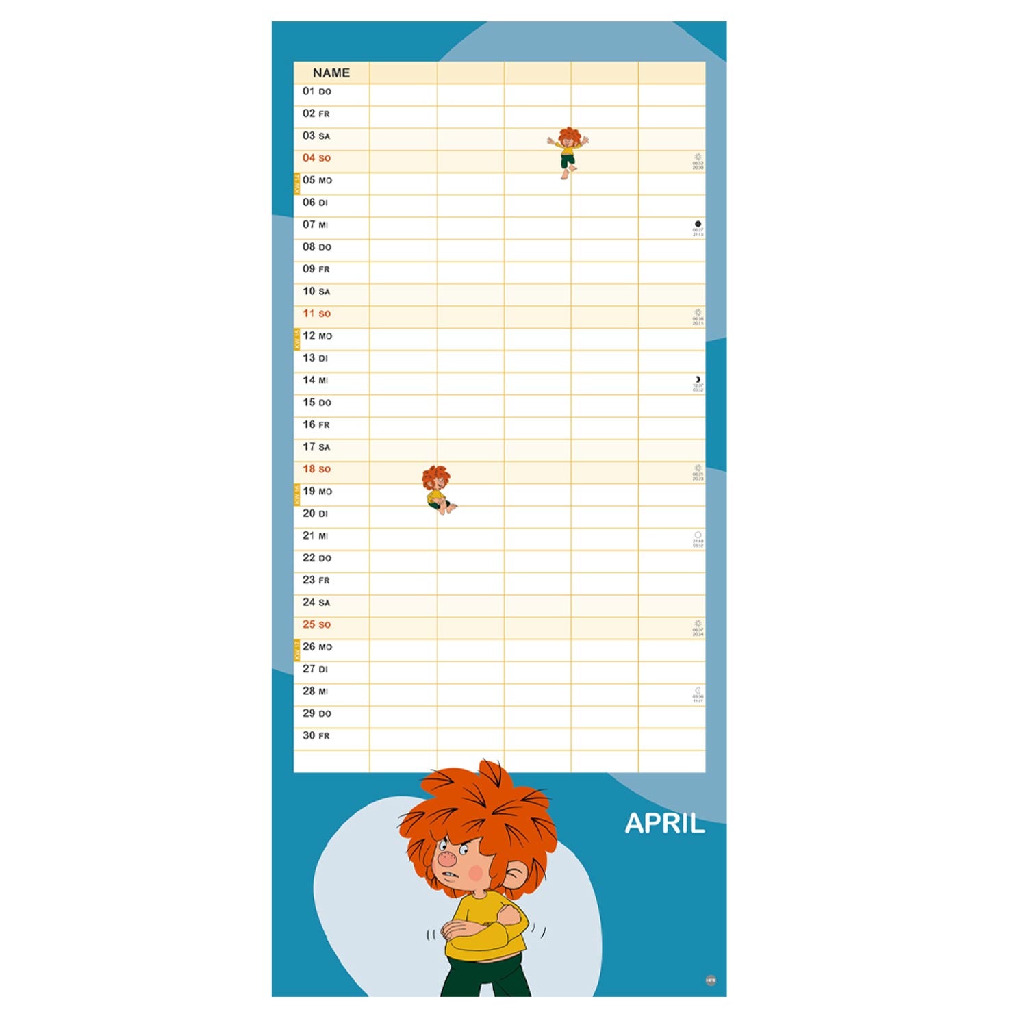 Pumuckl Familien-Wandkalender 2027 mit April-Ansicht, frechen Pumuckl-Illustrationen und großem Namensfeld für jede Spalte.