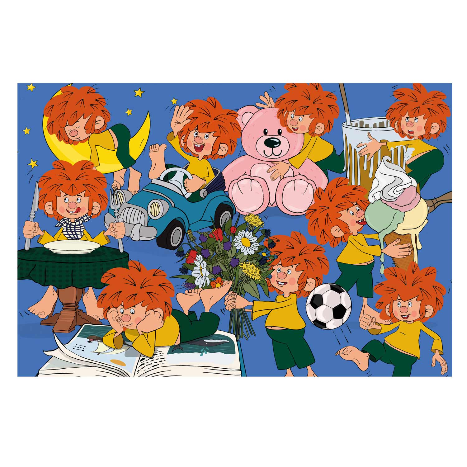 Pumuckl-Puzzle mit 100 Teilen, zeigt farbenfrohes Motiv der Figur, Puzzlemotivgröße: 36,1 × 24,3 cm.
