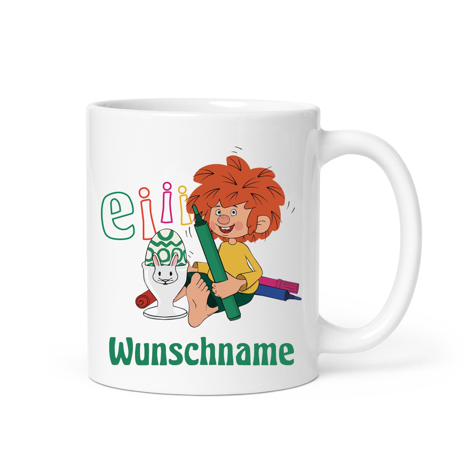 Weiße Keramiktasse mit farbigem Pumuckl und Osterei, Aufschrift Eiii Ostern und Wunschname.