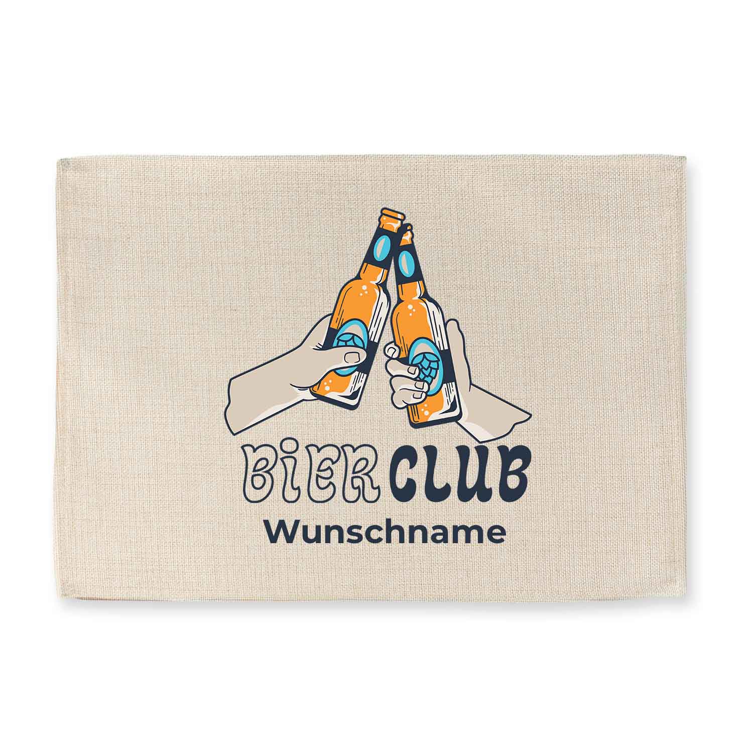 Abwaschbares Tischset mit Bierglas-Motiv, bayerischem Spruch und Wunschname auf Jute-Imitat, rechteckig.