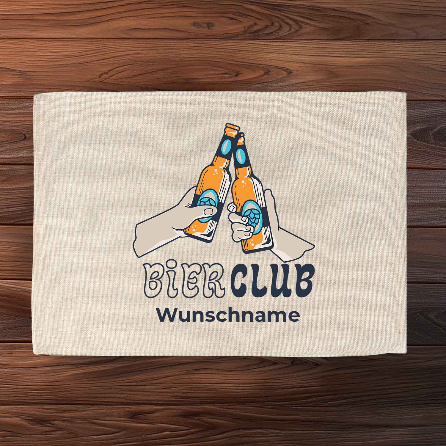 Abwaschbares Tischset mit bayerischem Spruch "Bier Club" und Wunschnamenfeld im Jute-Look, rechteckig.