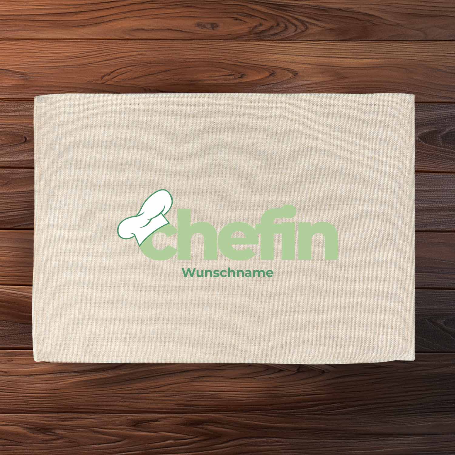 Abwaschbares Tischset im Jute-Look mit Aufdruck „Chefin“ und personalisierbarem Namen in bayerischem Design.