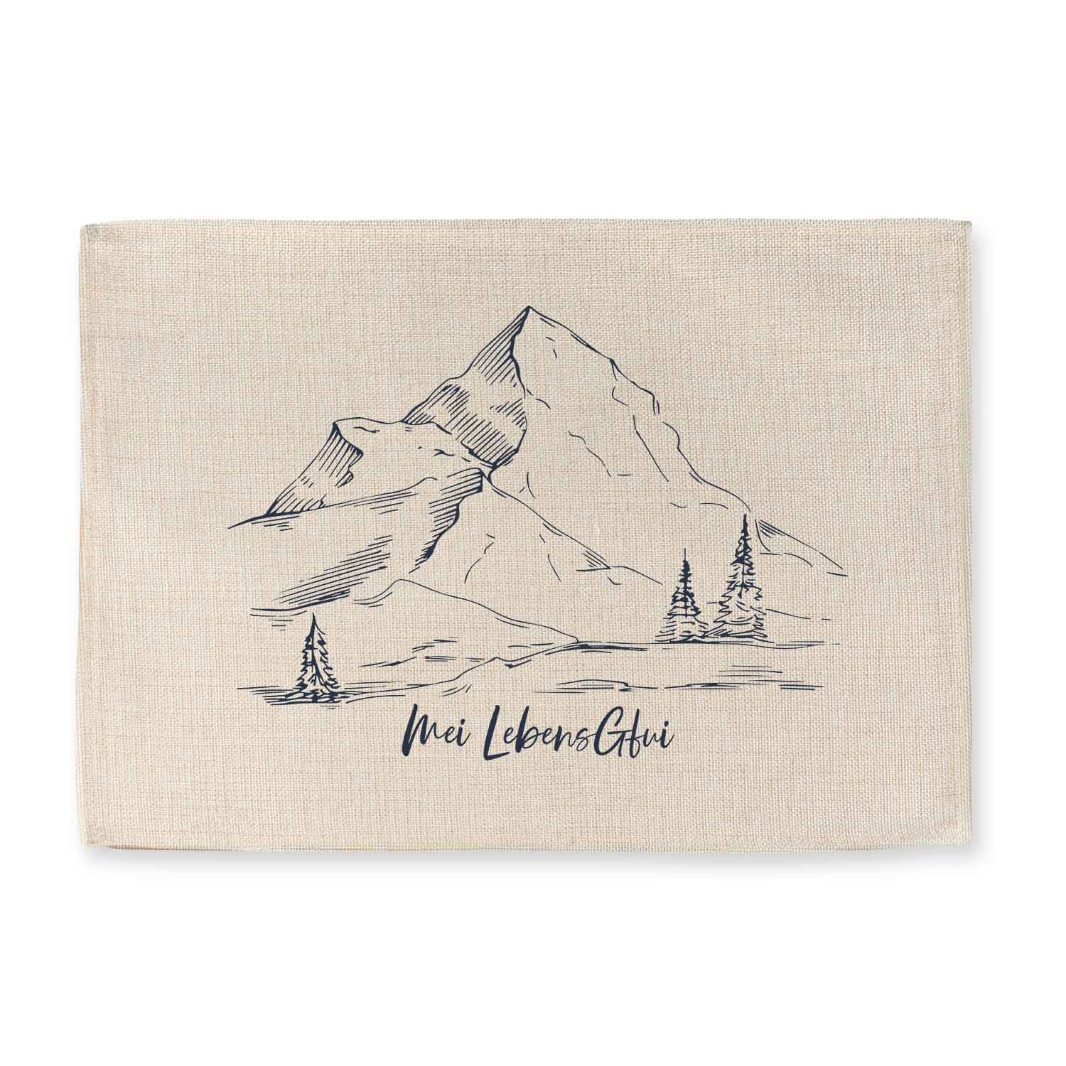 Abwaschbares Tischset im Jute-Look mit bayerischem Landschaftsmotiv und Spruch, rechteckig, ca. 40,5 x 30,5 cm.