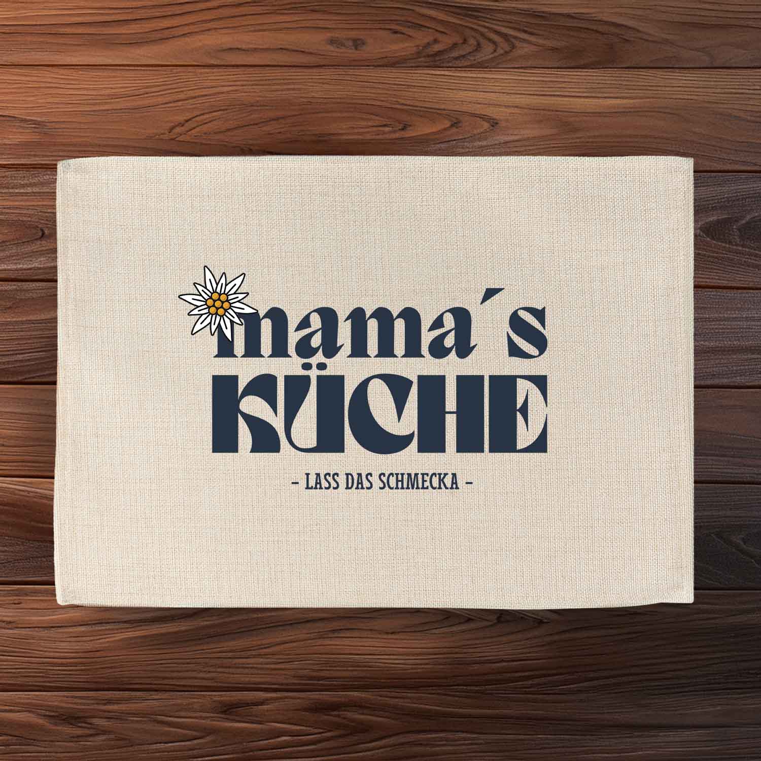 Abwaschbares Tischset im Jute-Look mit bayerischem Spruch „Mama's Küche“, rechteckig, ca. 40,5 x 30,5 cm.