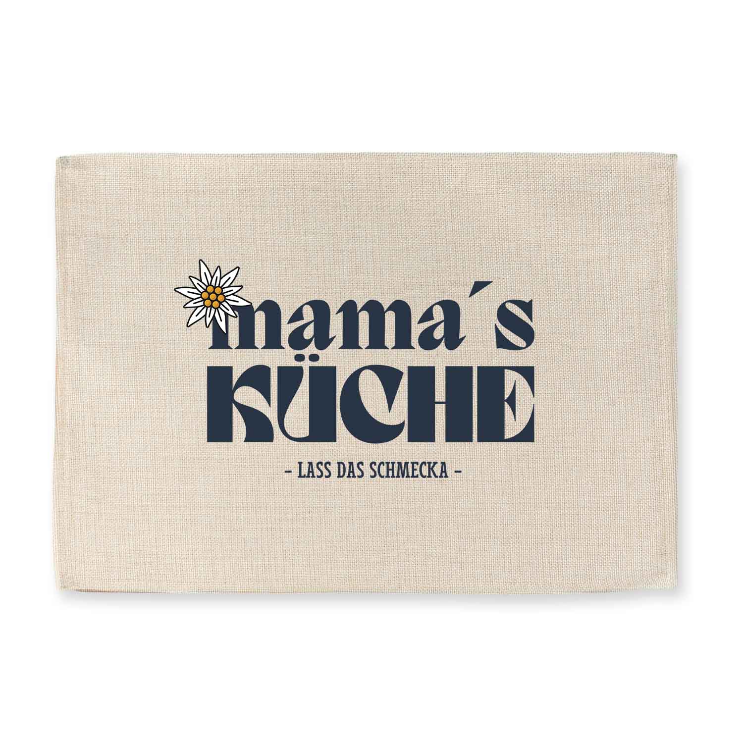 Abwaschbares Tischset im Jute-Look mit bayerischem Schriftzug „Mama’s Küche“, rechteckig, hochwertiger Druck.