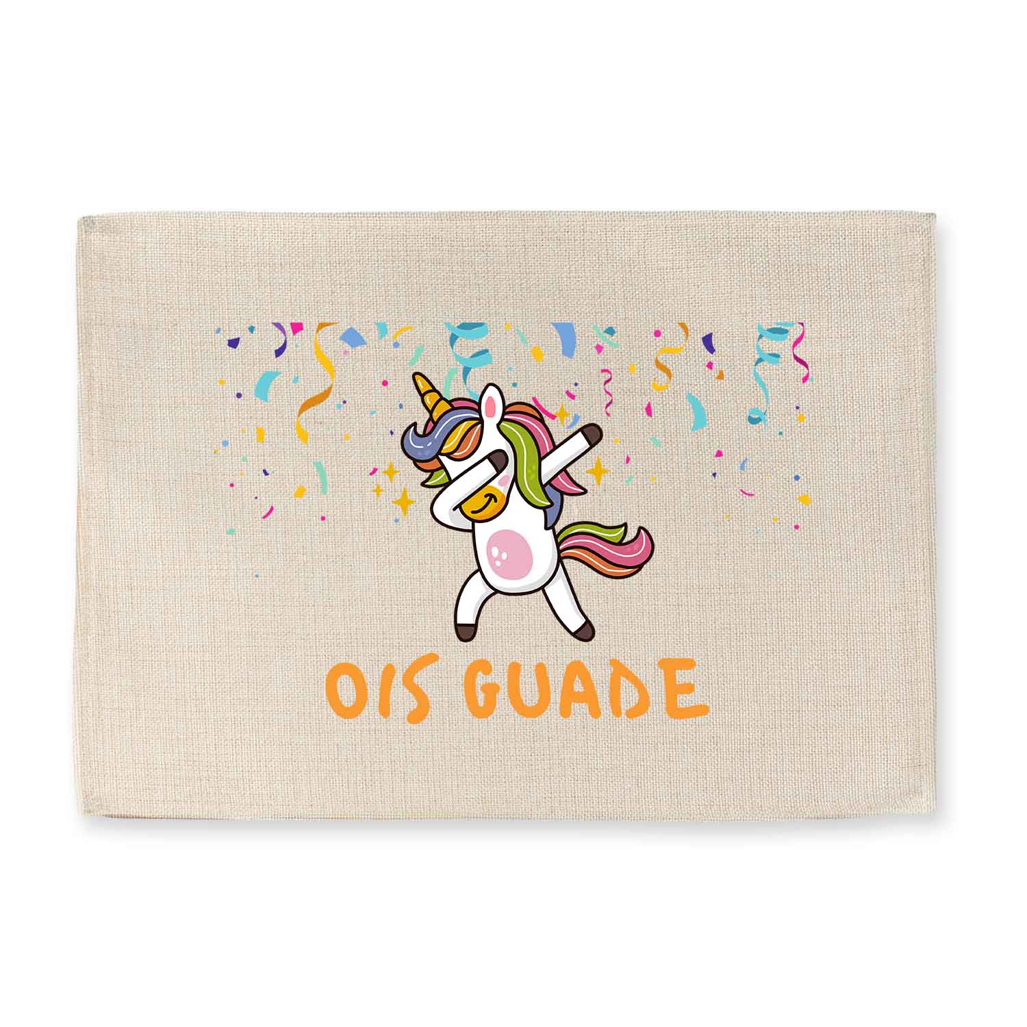 Abwaschbares Tischset mit Einhorn-Motiv und „Ois Guade“-Spruch im Jute-Look, rechteckig, 40,5 × 30,5 cm.