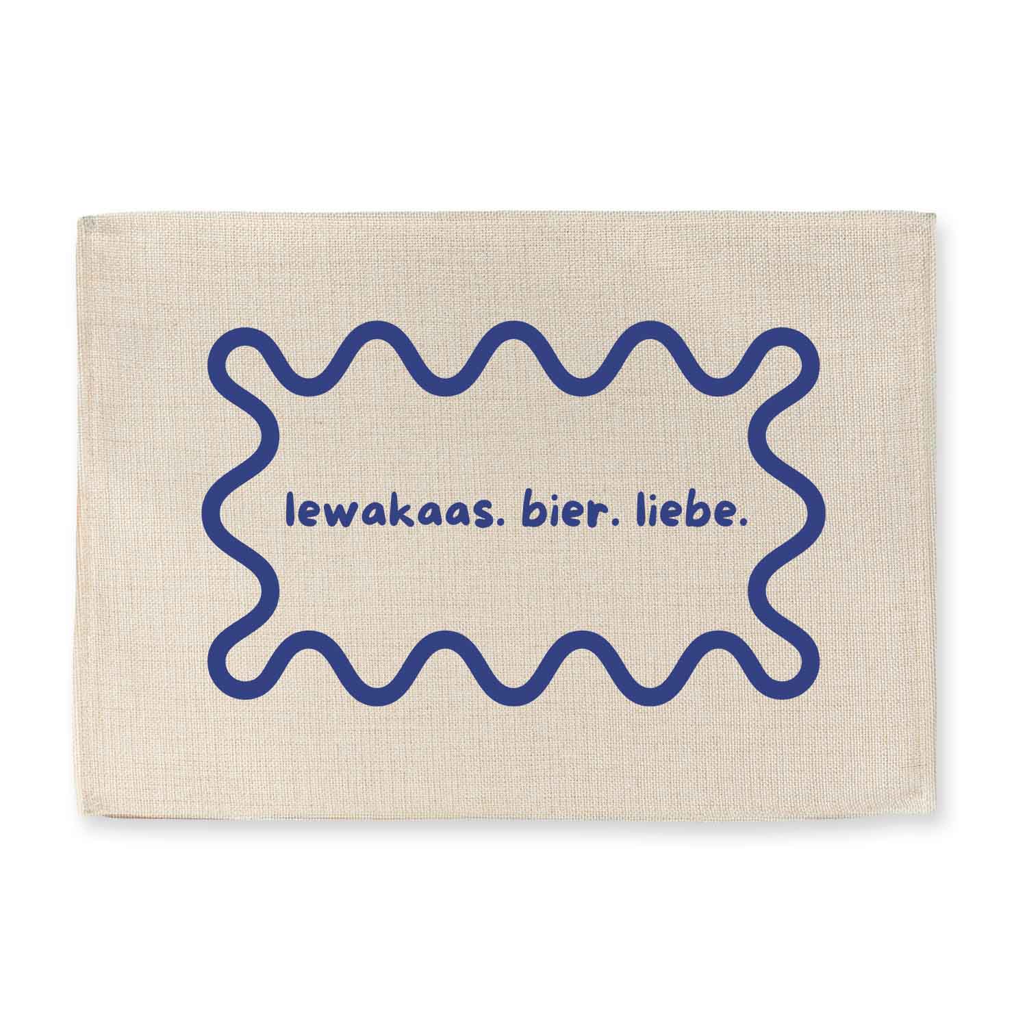 Abwaschbares Tischset mit Aufdruck „lewakaas. bier. liebe.“ in Jute-Optik, rechteckig, strukturierte Oberfläche.