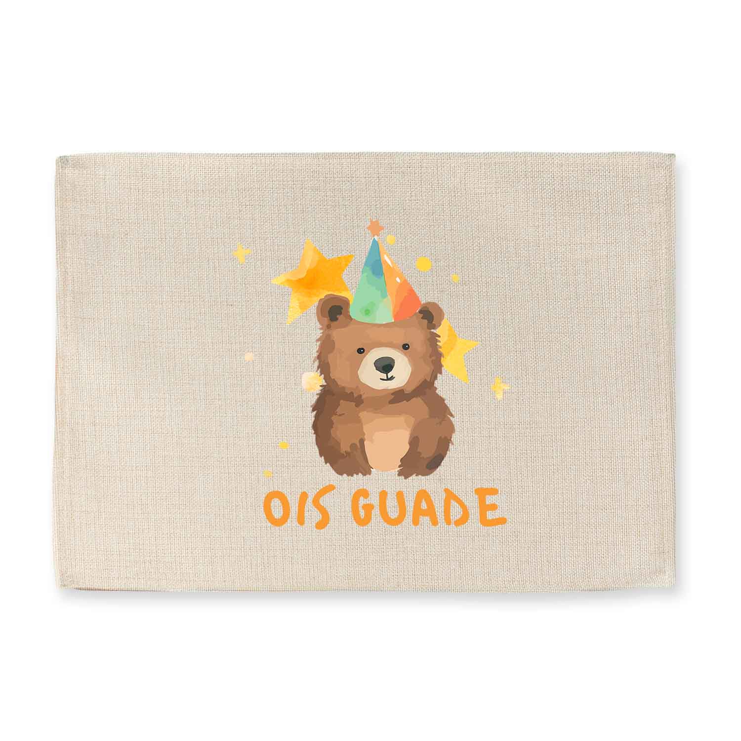 Rechteckiges Tischset im Jute-Look mit Bärenmotiv und bayerischem Schriftzug „Ois Guade“, abwaschbar.