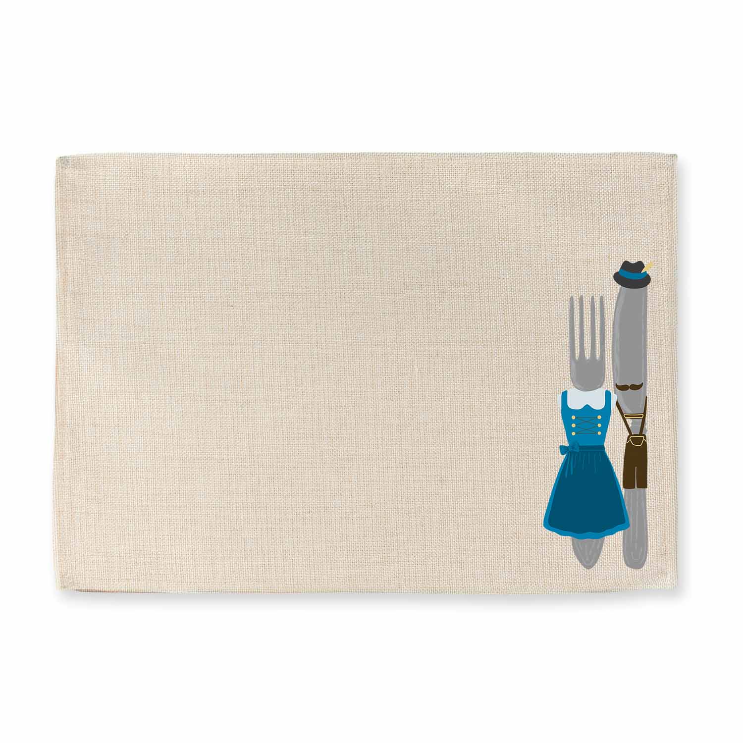 Abwaschbares Tischset mit Trachtenbesteck-Motiv und bayerischem Spruch, Jute-Look, rechteckig, 40,5 x 30,5 cm.