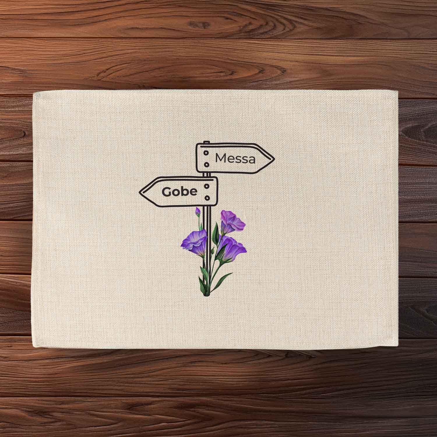 Abwaschbares Tischset mit bayerischem Spruch und Wegweiser-Motiv im Jute-Look, rechteckige Form, 40,5 × 30,5 cm.