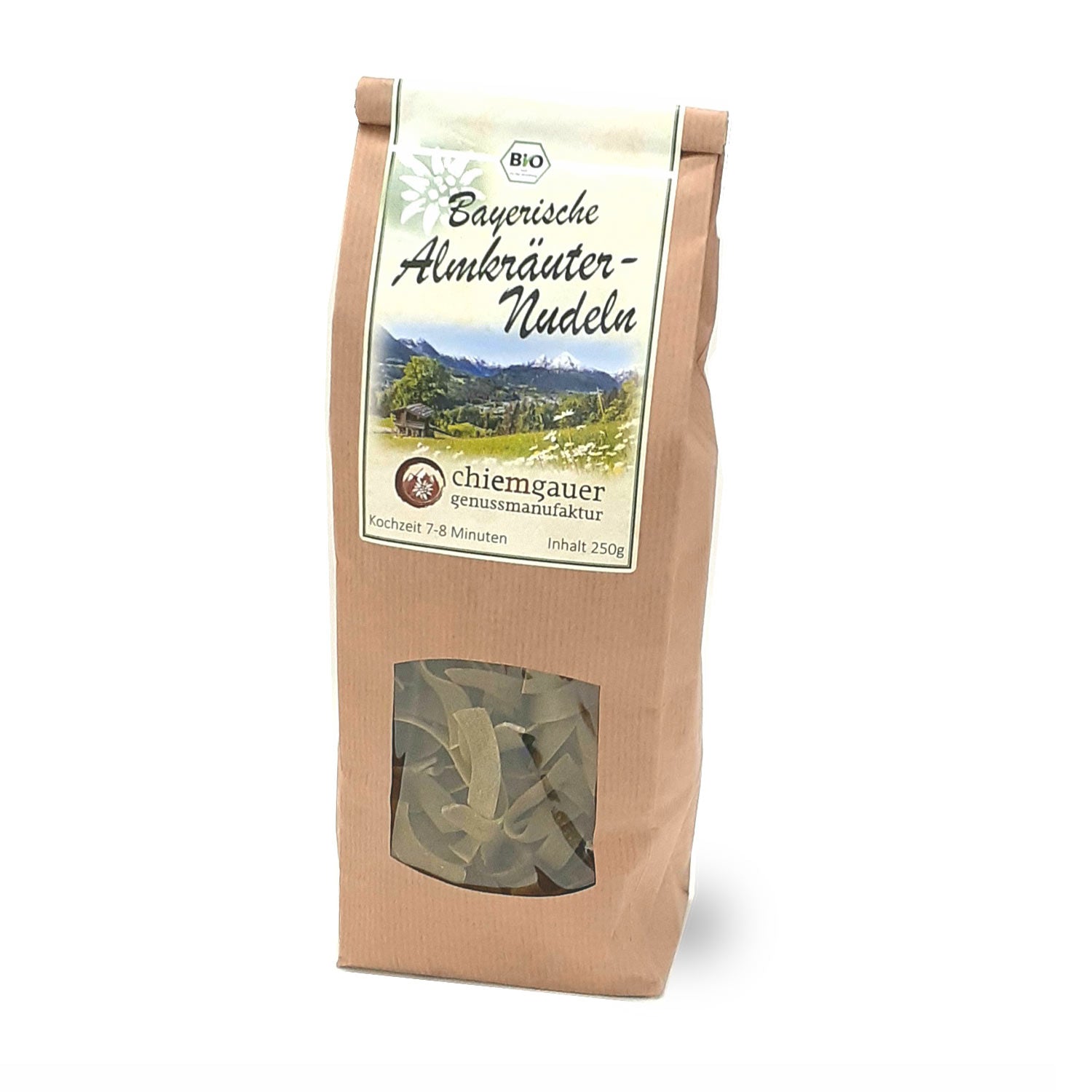 Handgemachte Bandnudeln aus Hartweizengrieß mit fein gemahlenen Almkräutern, in natürlichem Gelbton, 250 g.