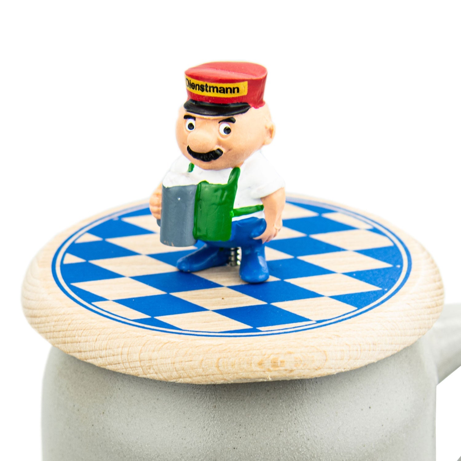 Engel Aloisius Bierdeckel Dienstmann aus Holz mit Figur im Dienstmann-Kostüm auf blau-weißem Rautenmuster
